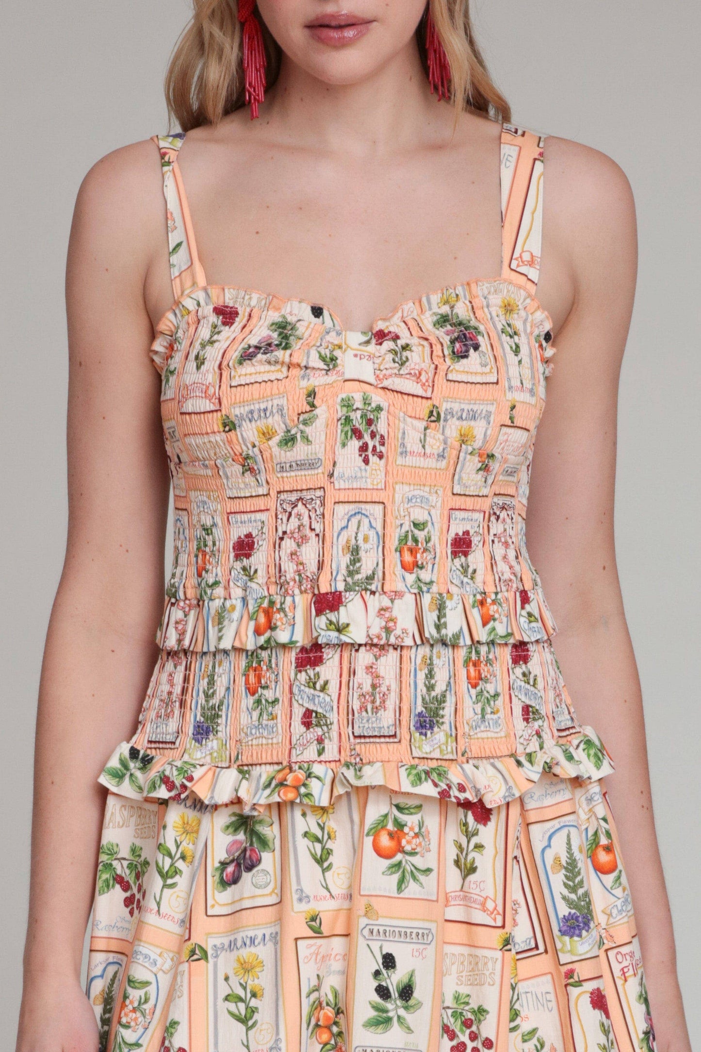 Cotton Fruit Floral Smocked Midi Dress