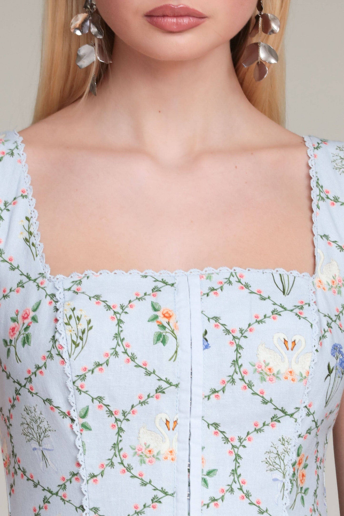 Floral Lattice Linen Blend Midi Dress