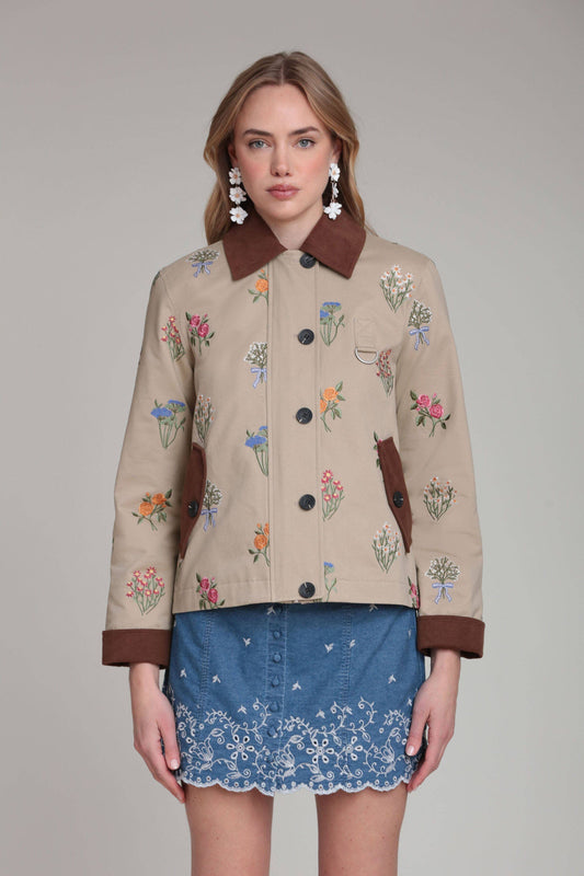 Floral Embroidered Cotton Utility Jacket