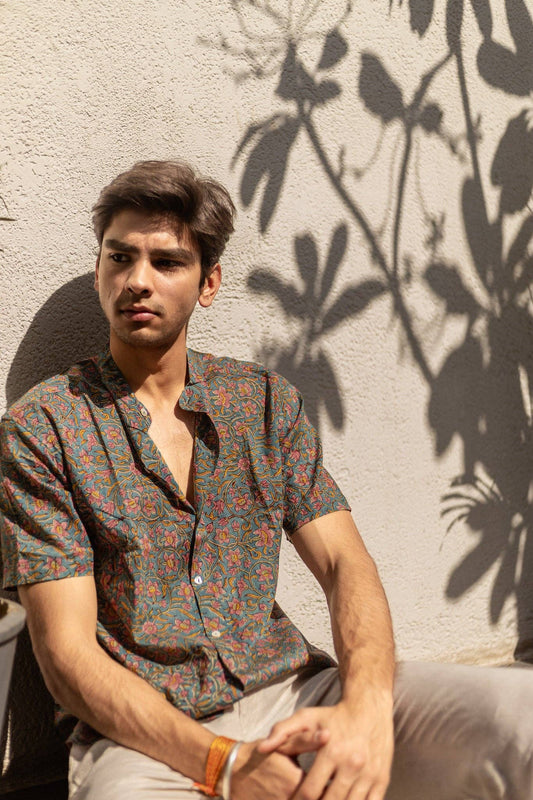 Carnations Handblock Printed Cotton Shirt