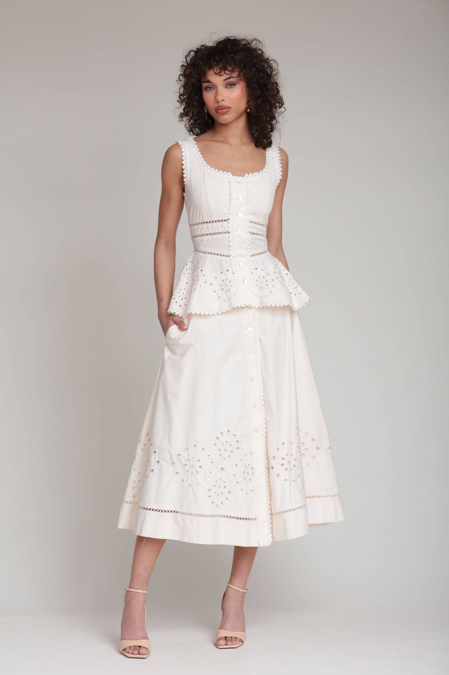 Cotton Embroidered Button Front Midi Skirt