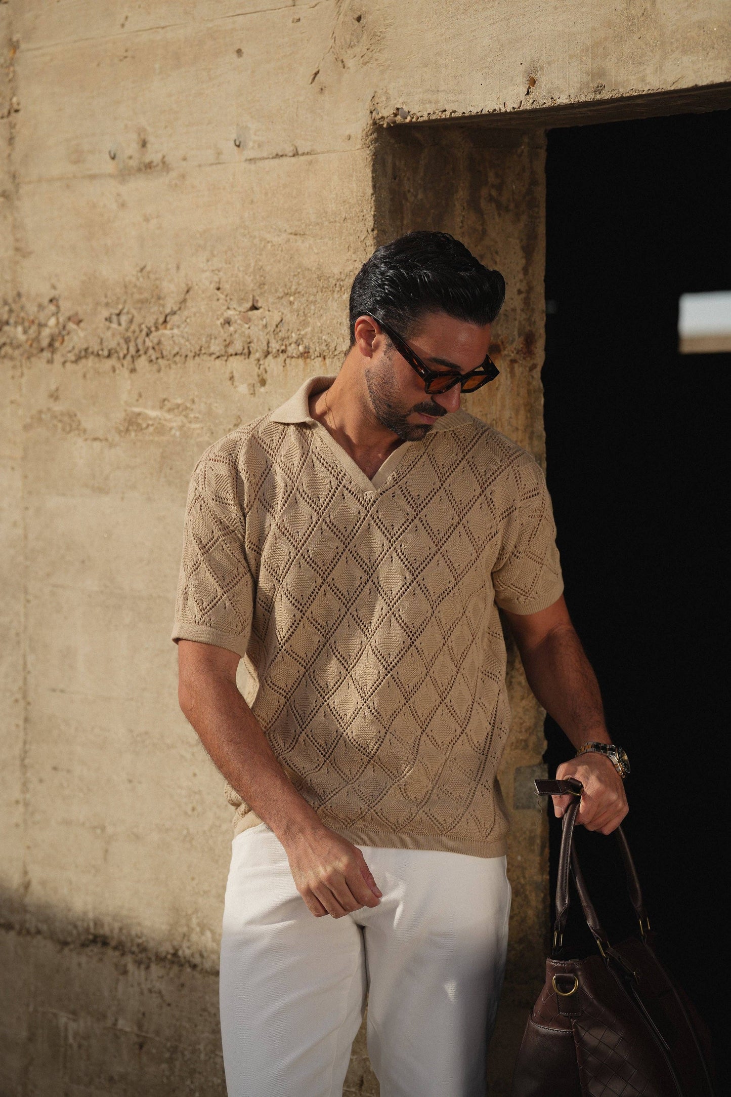 POLO GEOMETRIC DESIGN OPEN-COLLAR TAUPE SHIRT