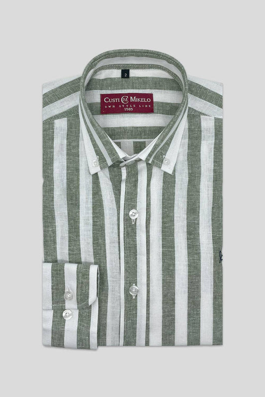 Khaki Green Striped Linen Shirt | Baza