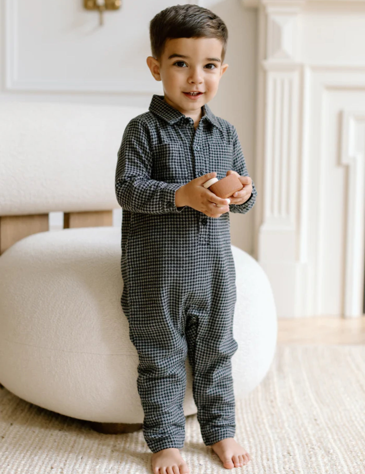 Locke Flannel Long Sleeve Collard Romper - Houndstooth