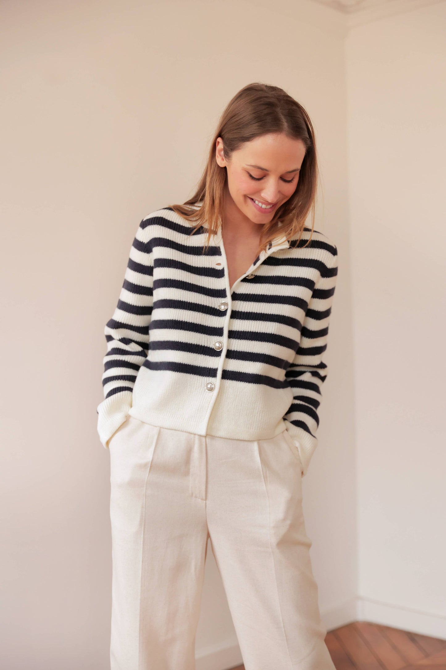 Cotton sailor stripe cardigan sweater