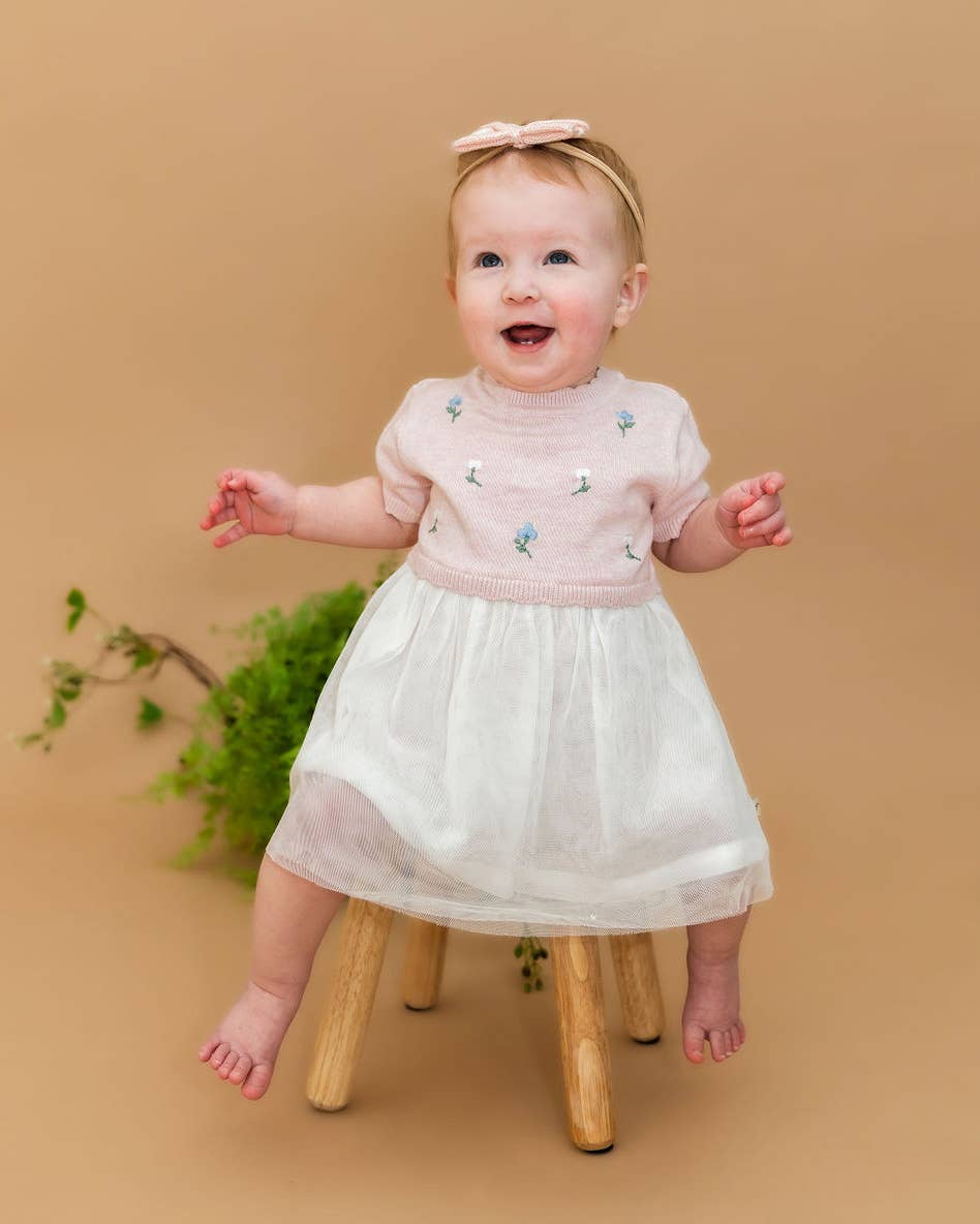 Floral Embroidered Tutu Baby Knit Dress - Organic Cotton