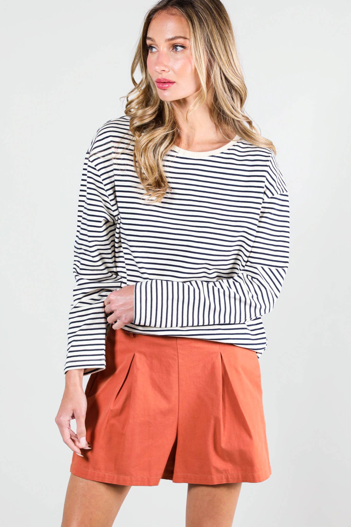 Round Neck Long Sleeve 100% Cotton Stripe Knit Top