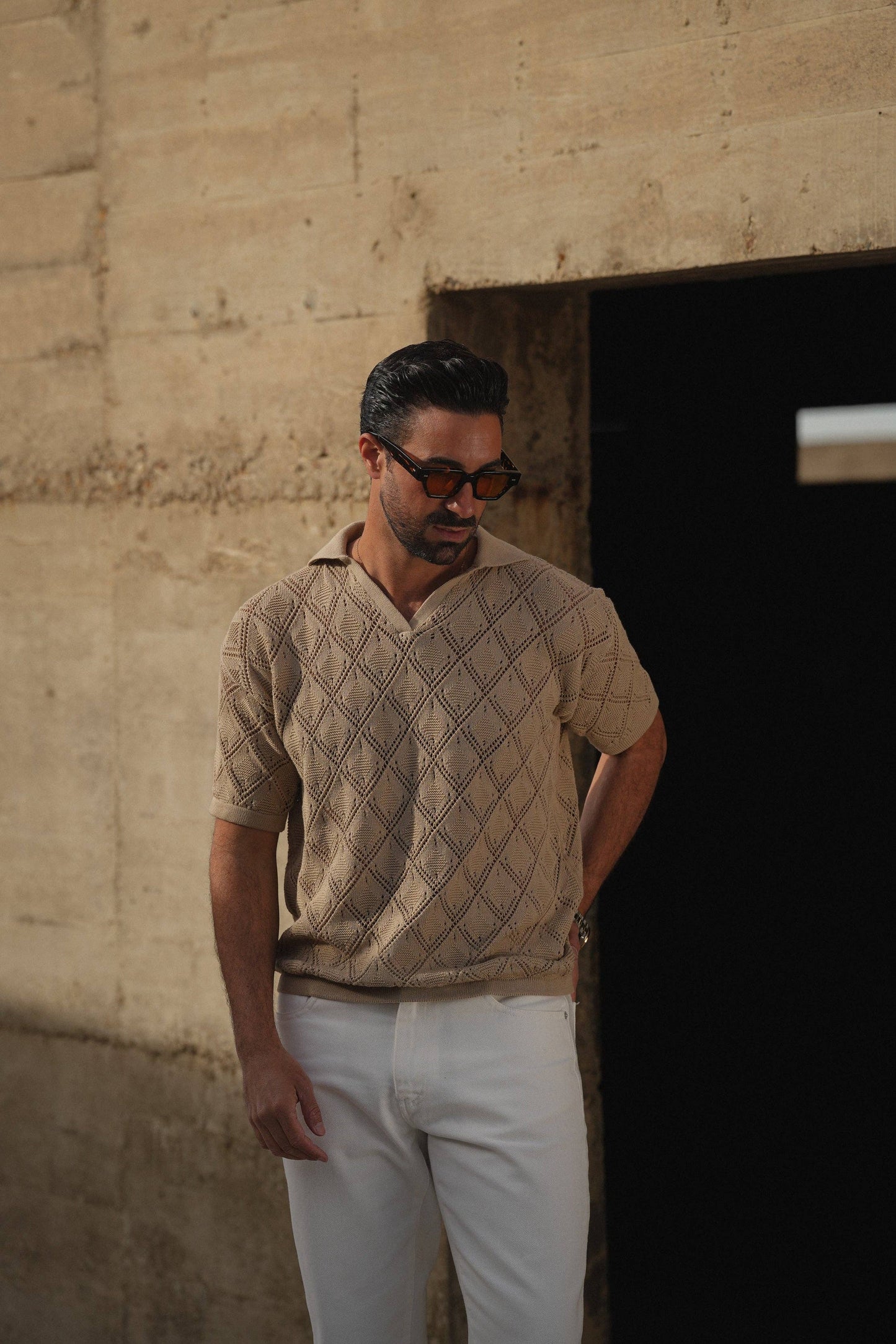 POLO GEOMETRIC DESIGN OPEN-COLLAR TAUPE SHIRT
