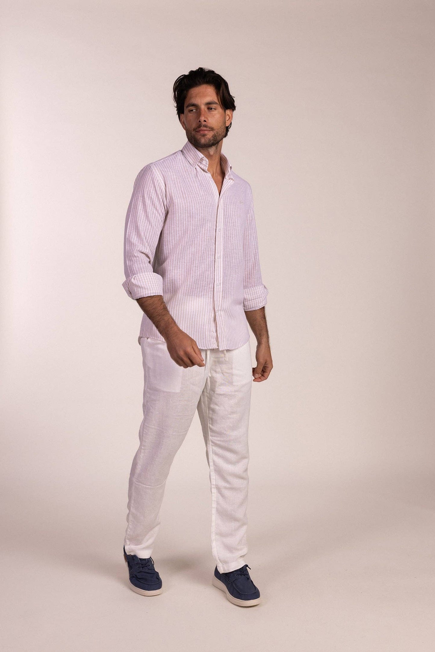 Beige Striped Linen Shirt | Ubrique