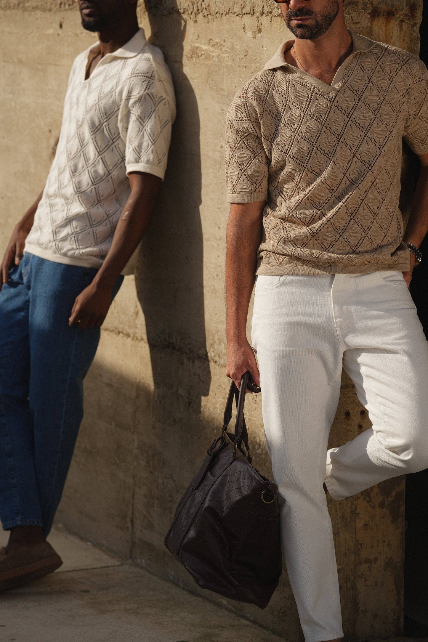 POLO GEOMETRIC DESIGN OPEN-COLLAR TAUPE SHIRT