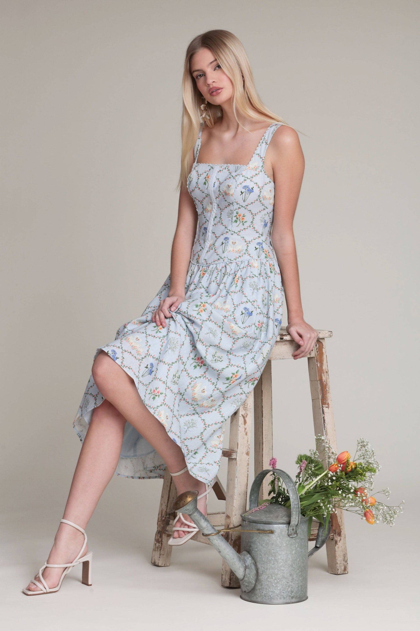Floral Lattice Linen Blend Midi Dress