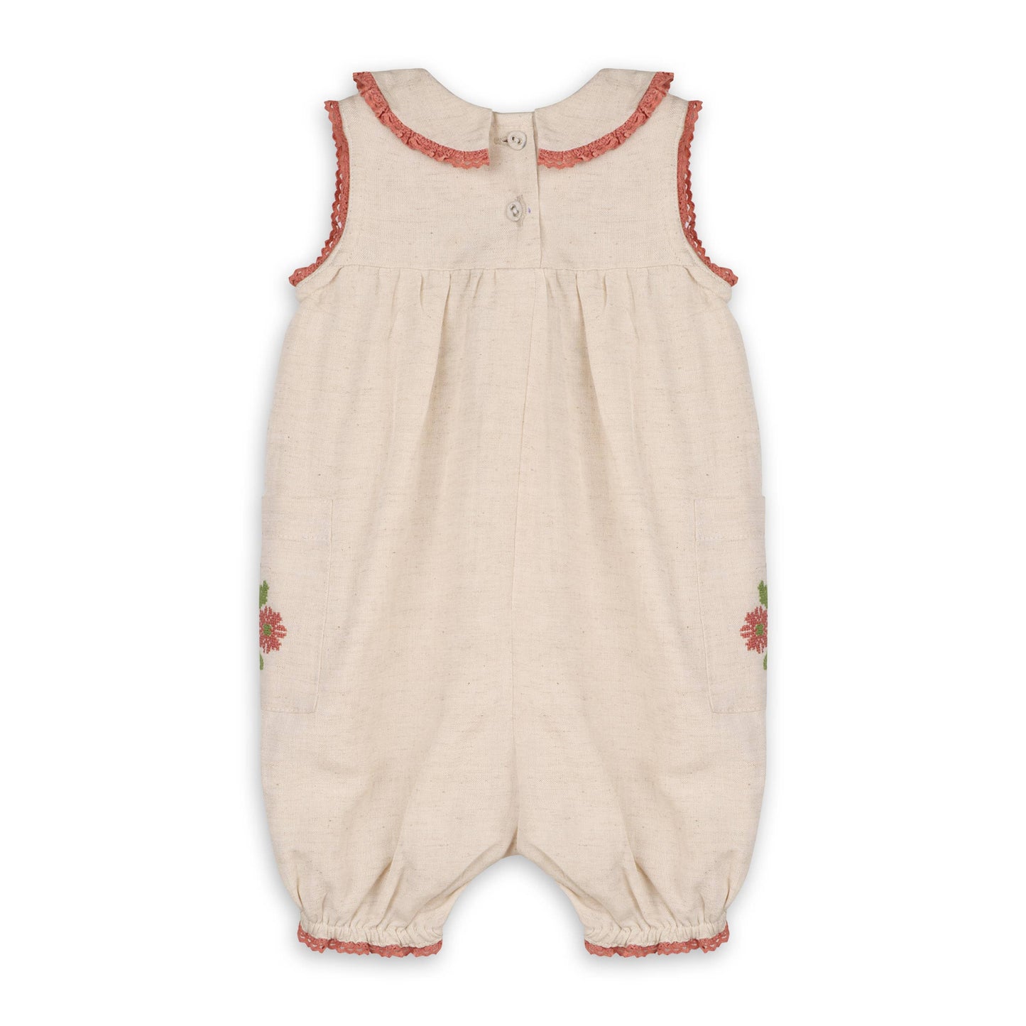 Poppy Floral Embroidered Baby Romper -Linen Blend