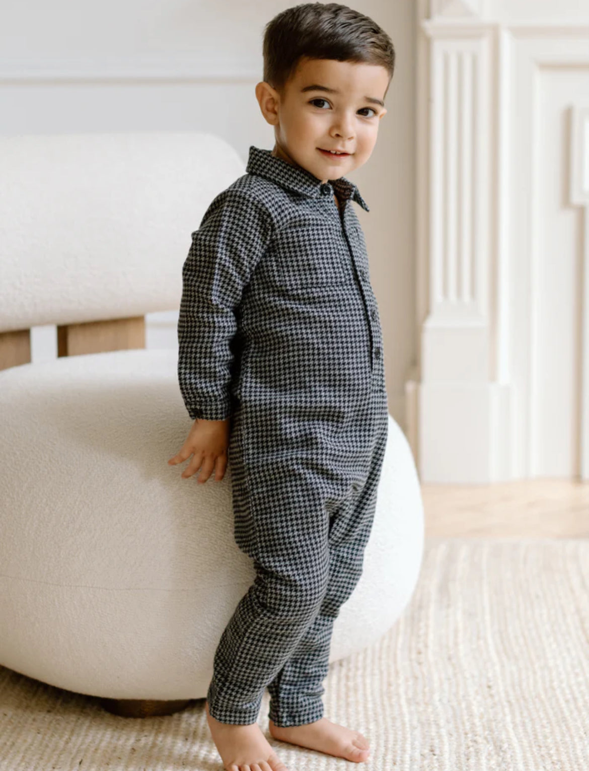 Locke Flannel Long Sleeve Collard Romper - Houndstooth