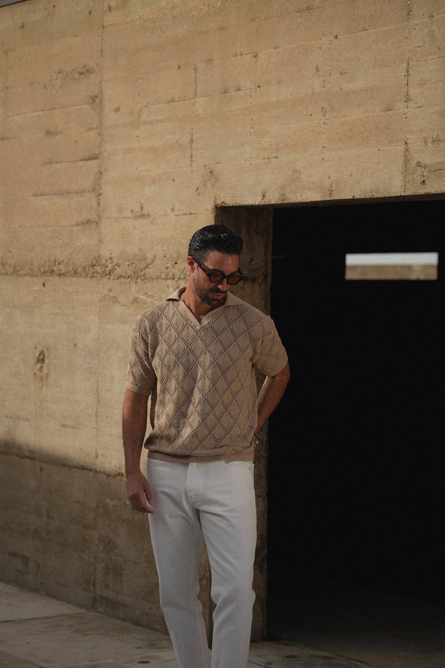 POLO GEOMETRIC DESIGN OPEN-COLLAR TAUPE SHIRT