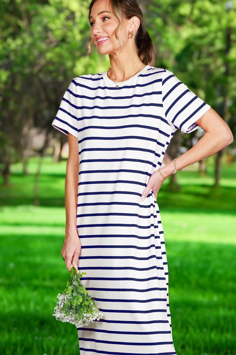 Crew Neck Striped Cotton T-Shirt Maxi Dress