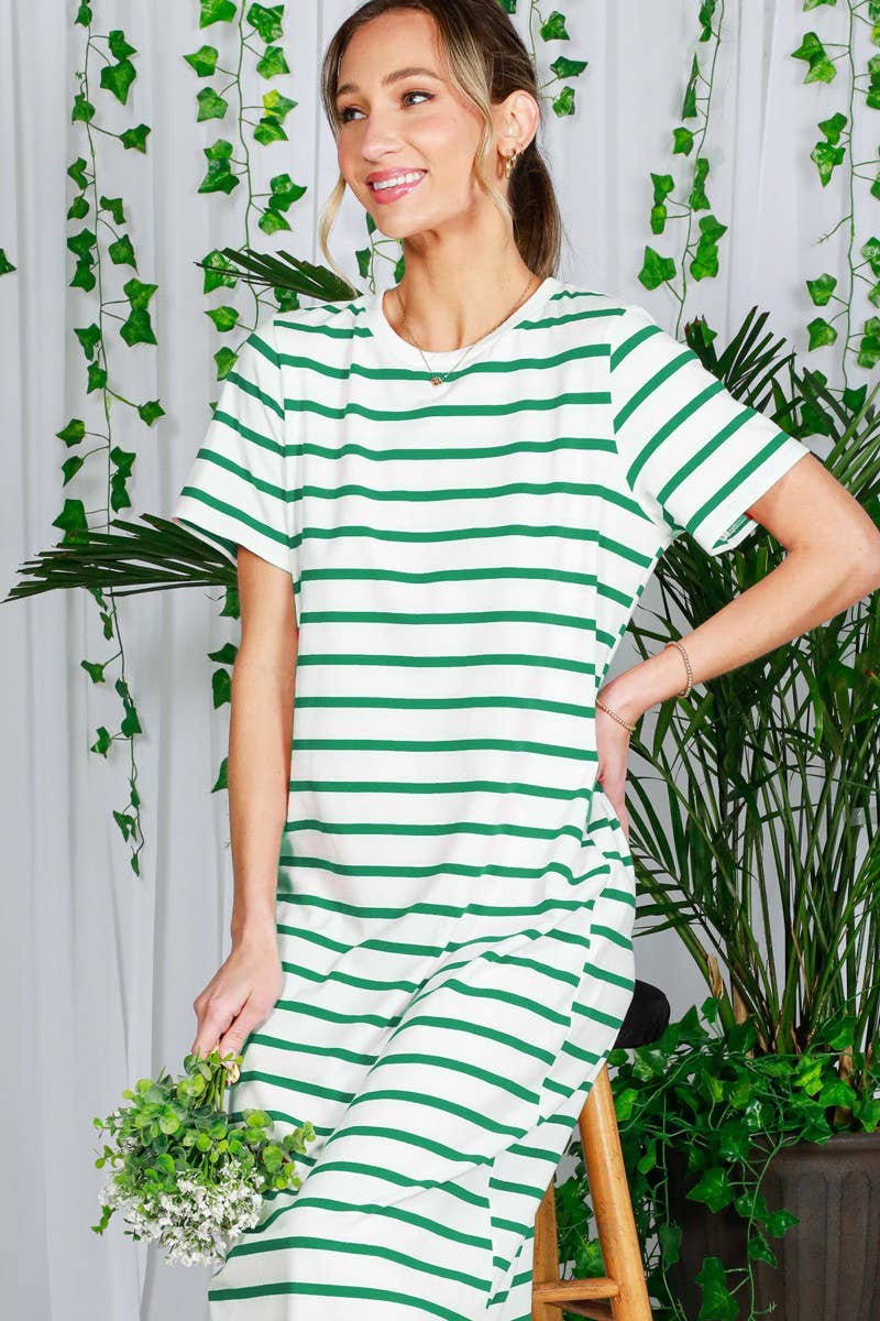 Crew Neck Striped Cotton T-Shirt Maxi Dress