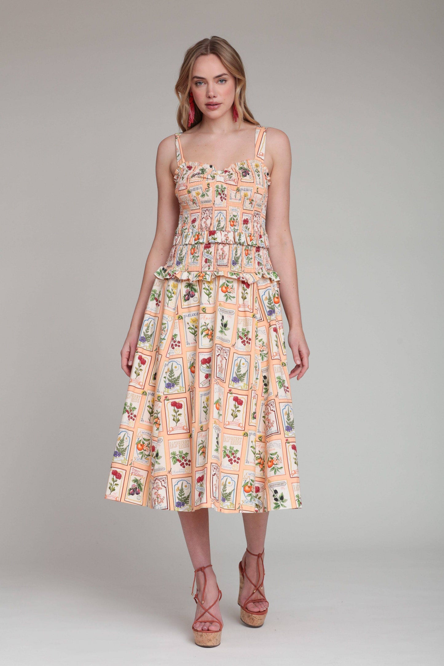 Cotton Fruit Floral Smocked Midi Dress