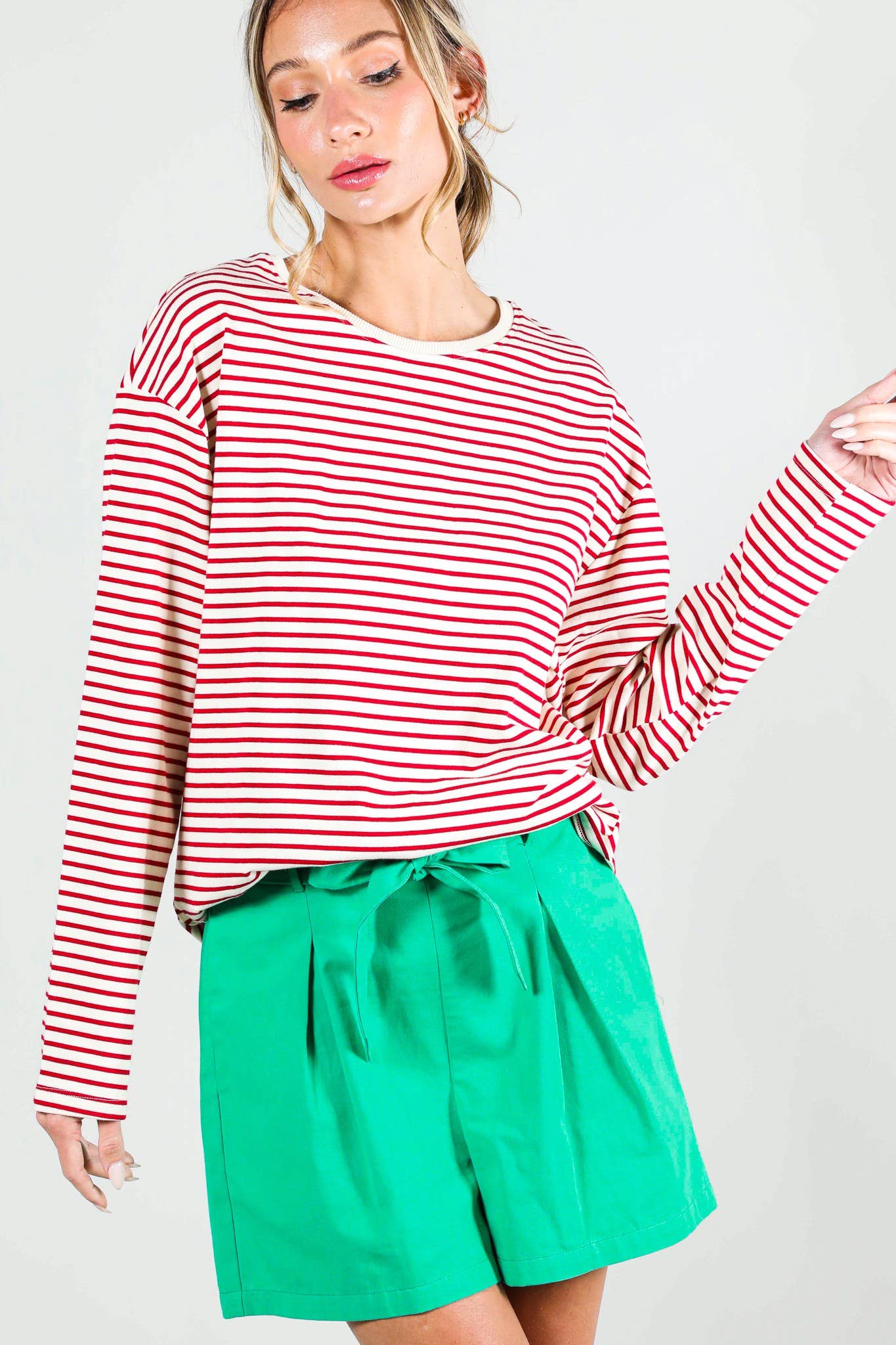 Round Neck Long Sleeve 100% Cotton Stripe Knit Top