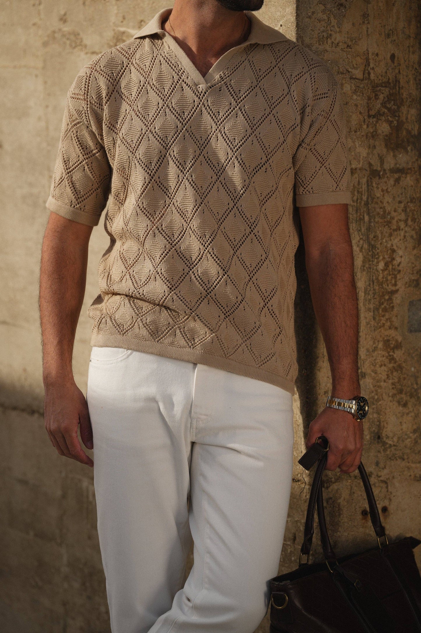 POLO GEOMETRIC DESIGN OPEN-COLLAR TAUPE SHIRT