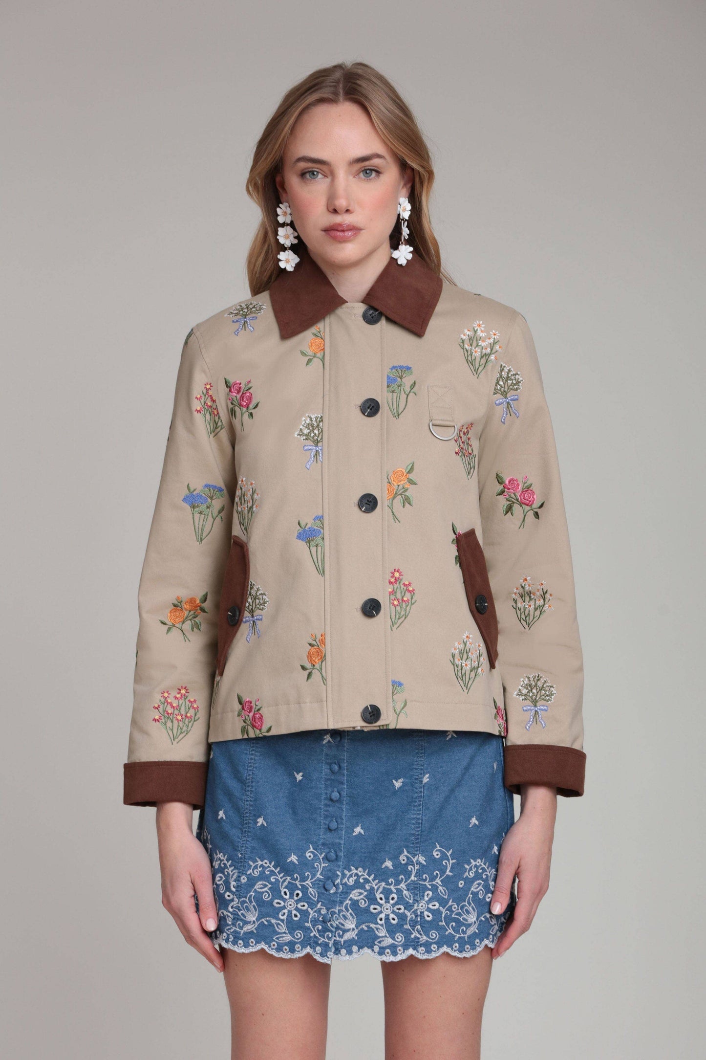 Floral Embroidered Cotton Utility Jacket