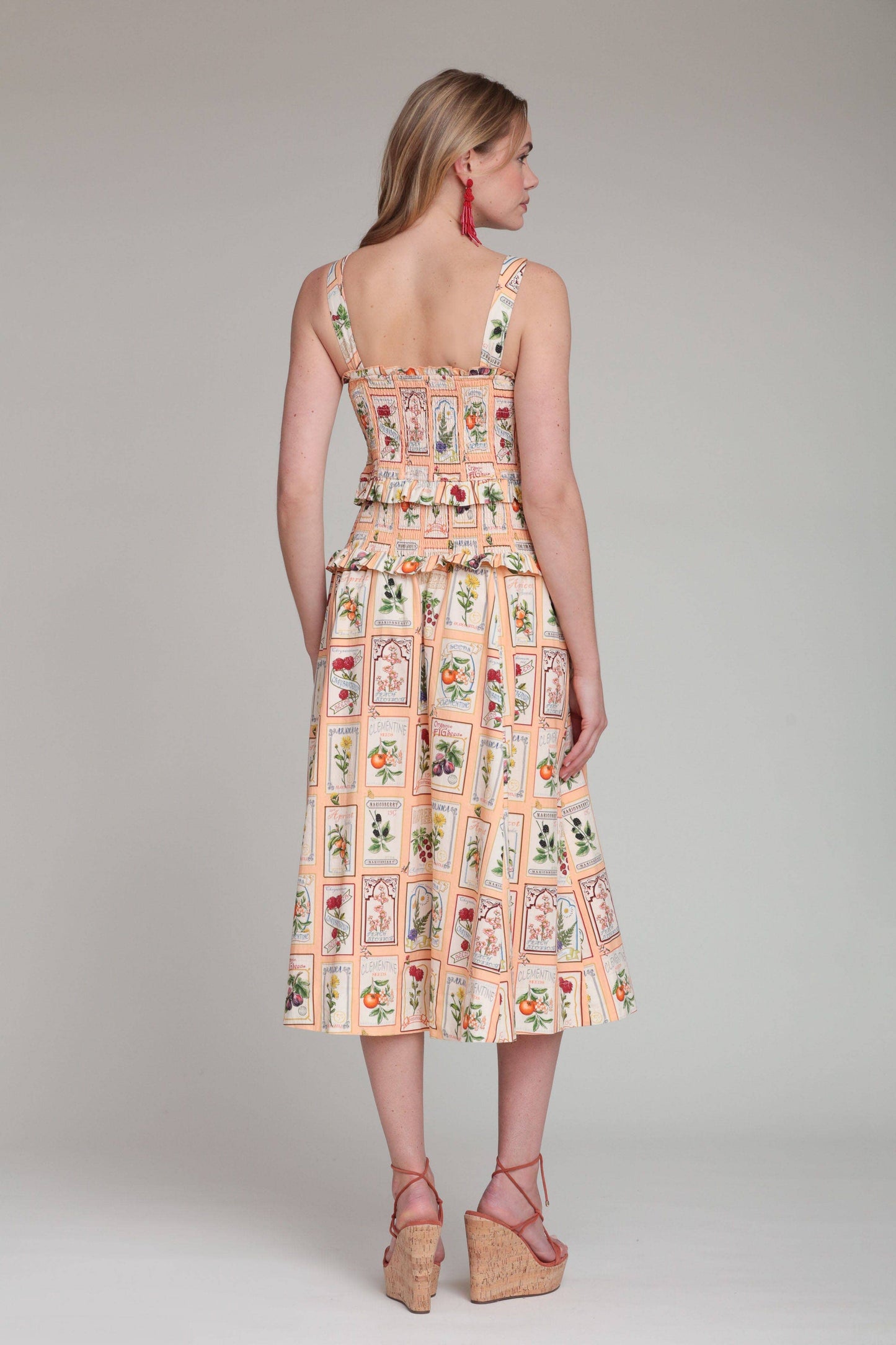 Cotton Fruit Floral Smocked Midi Dress