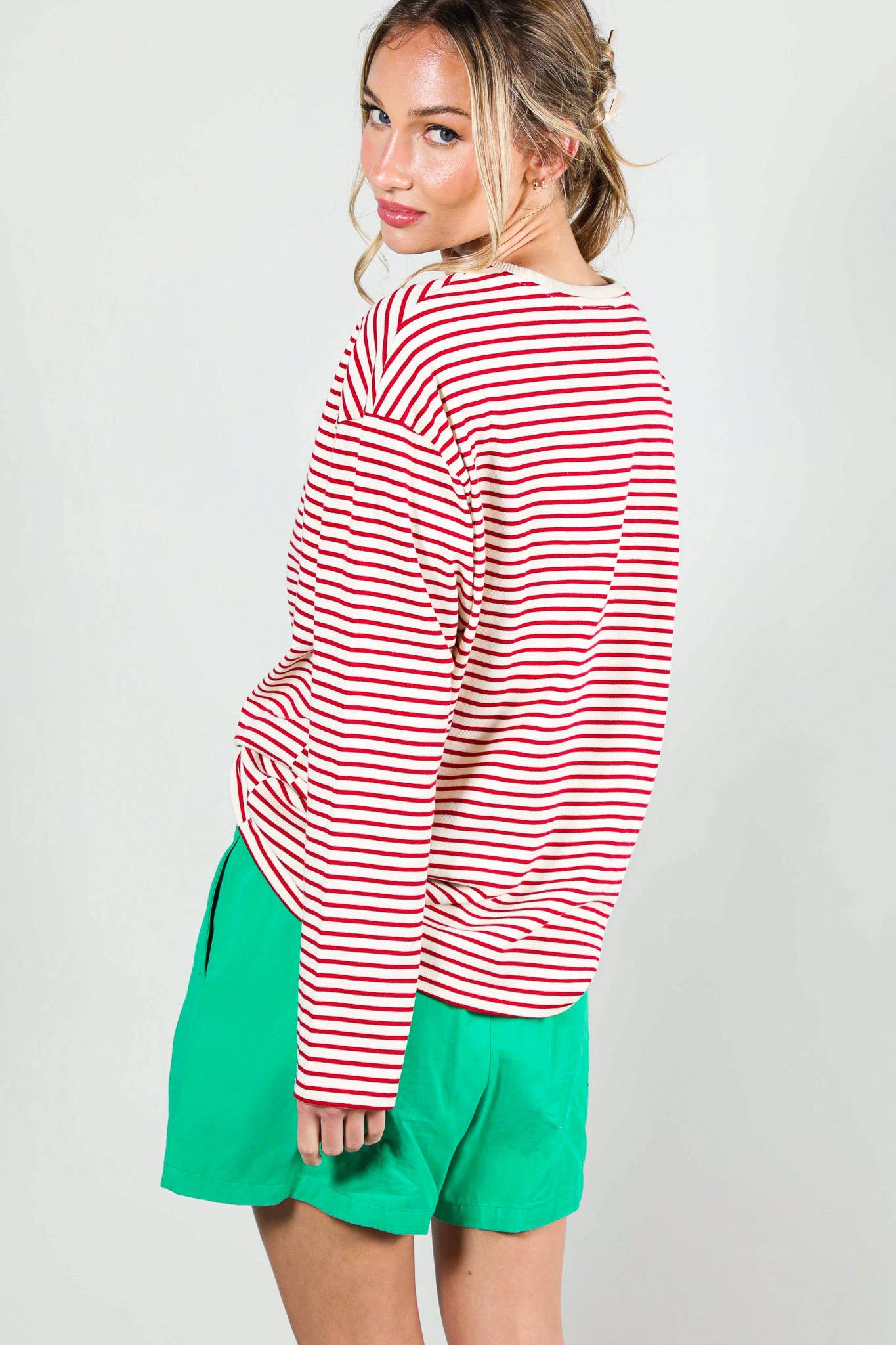 Round Neck Long Sleeve 100% Cotton Stripe Knit Top