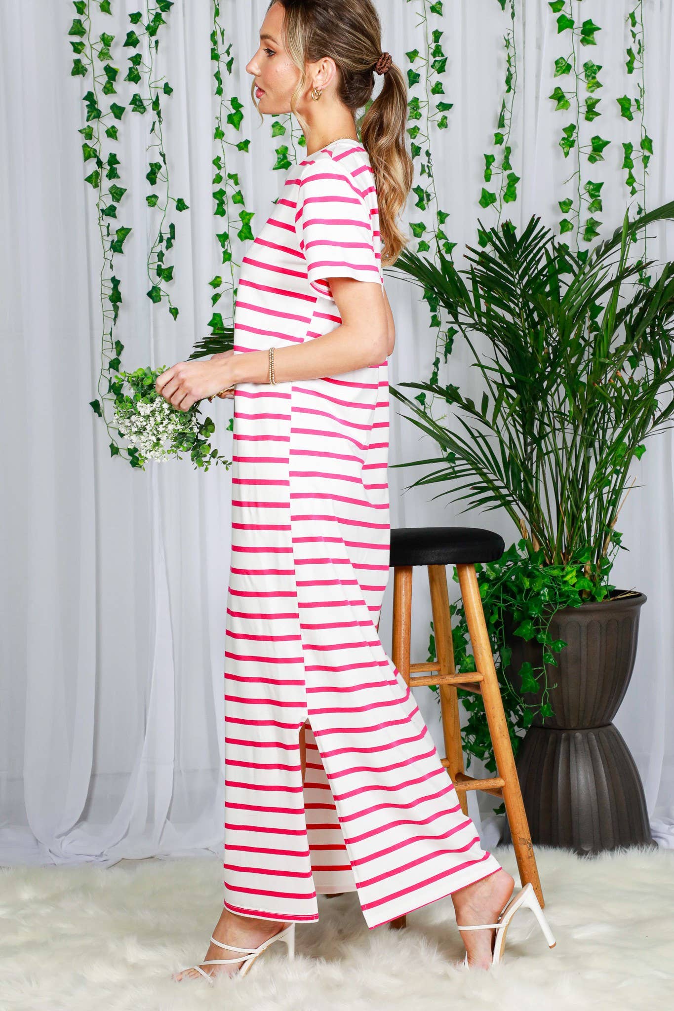 Crew Neck Striped Cotton T-Shirt Maxi Dress