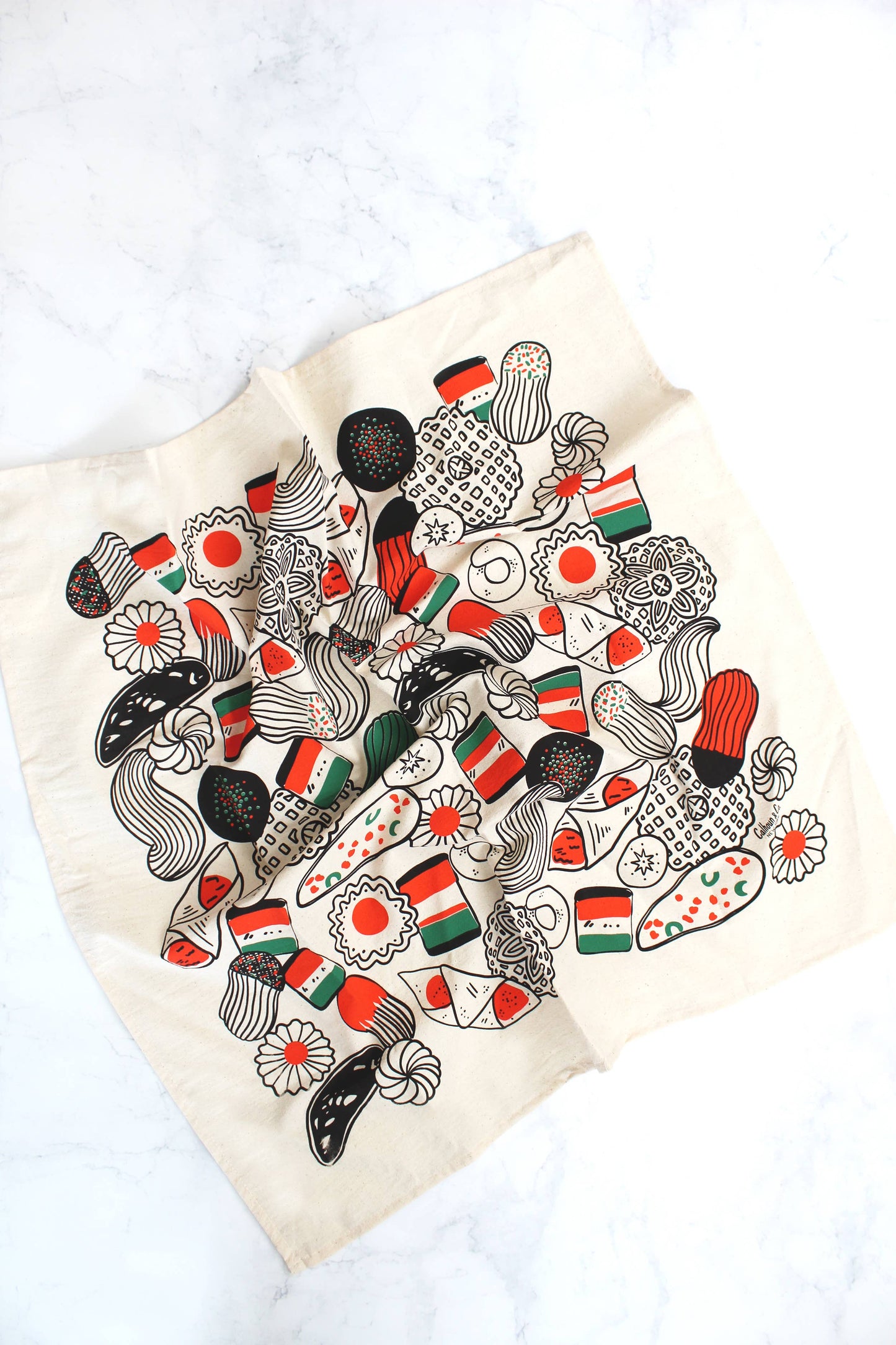 Italian Holiday Cookies Screen Printed Tea Towel 