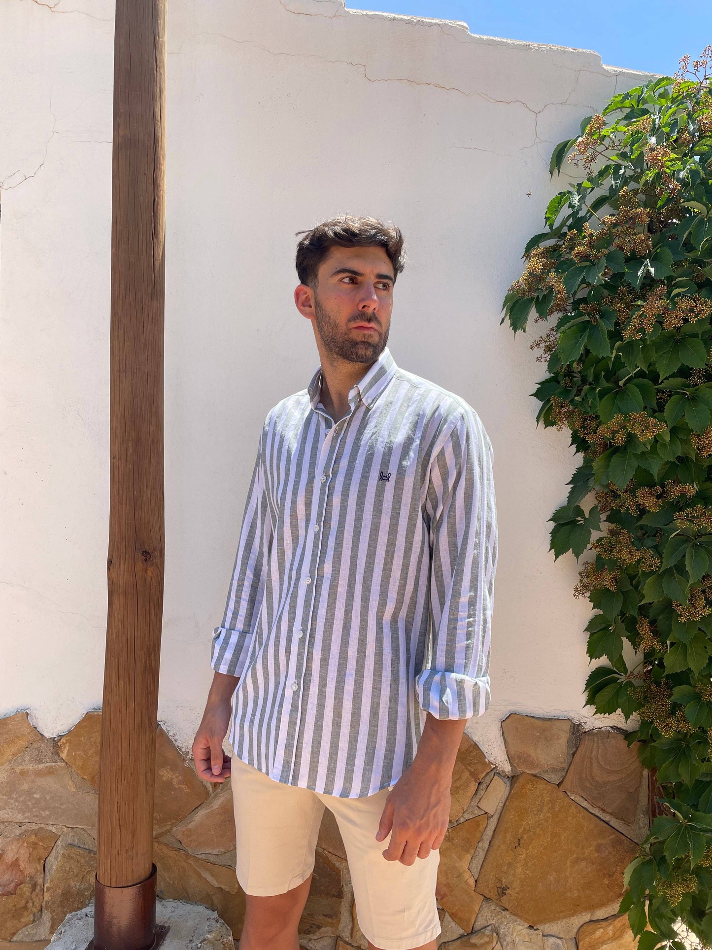 Khaki Green Striped Linen Shirt | Baza