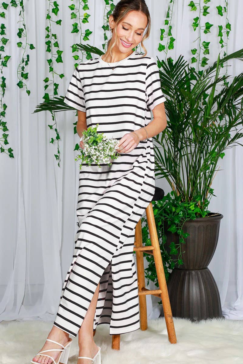Crew Neck Striped Cotton T-Shirt Maxi Dress