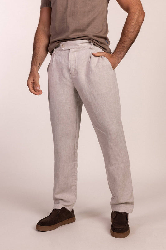 Beige Linen Pleated Trousers