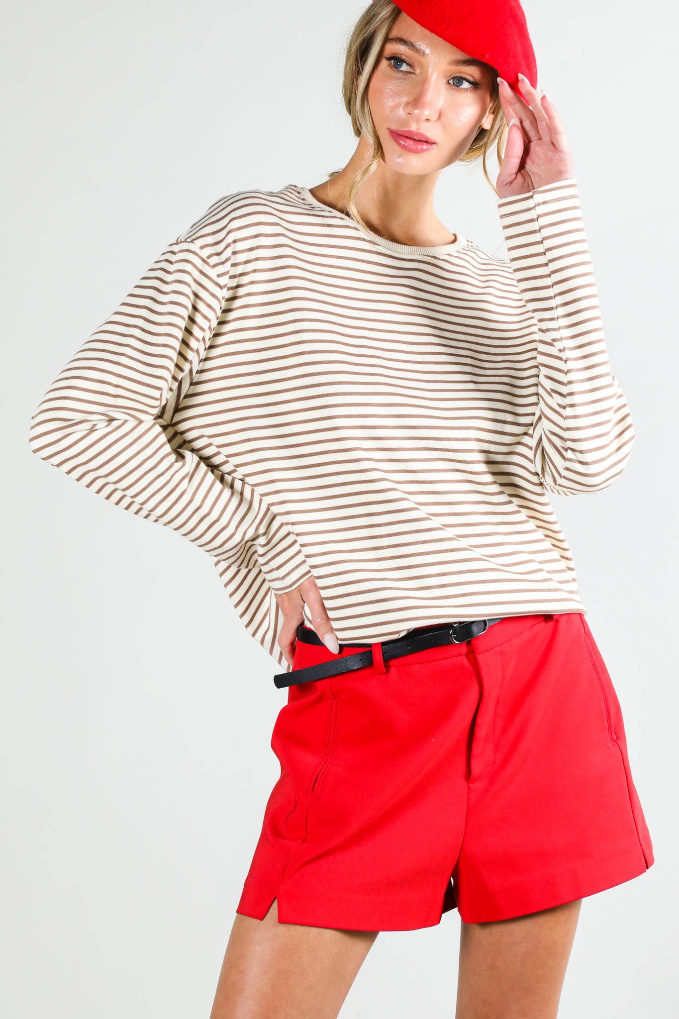 Round Neck Long Sleeve 100% Cotton Stripe Knit Top