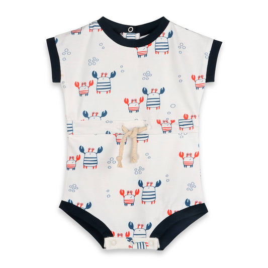 Nautical Crab Waist Tie Short Baby Romper (Organic Jersey)