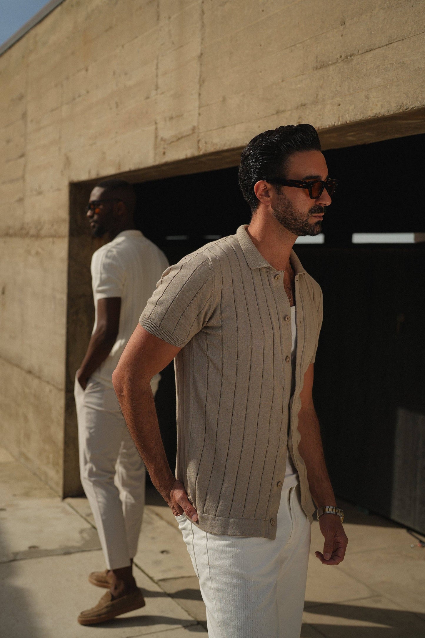 KNITTED CUBAN COLLAR TAUPE SHIRT