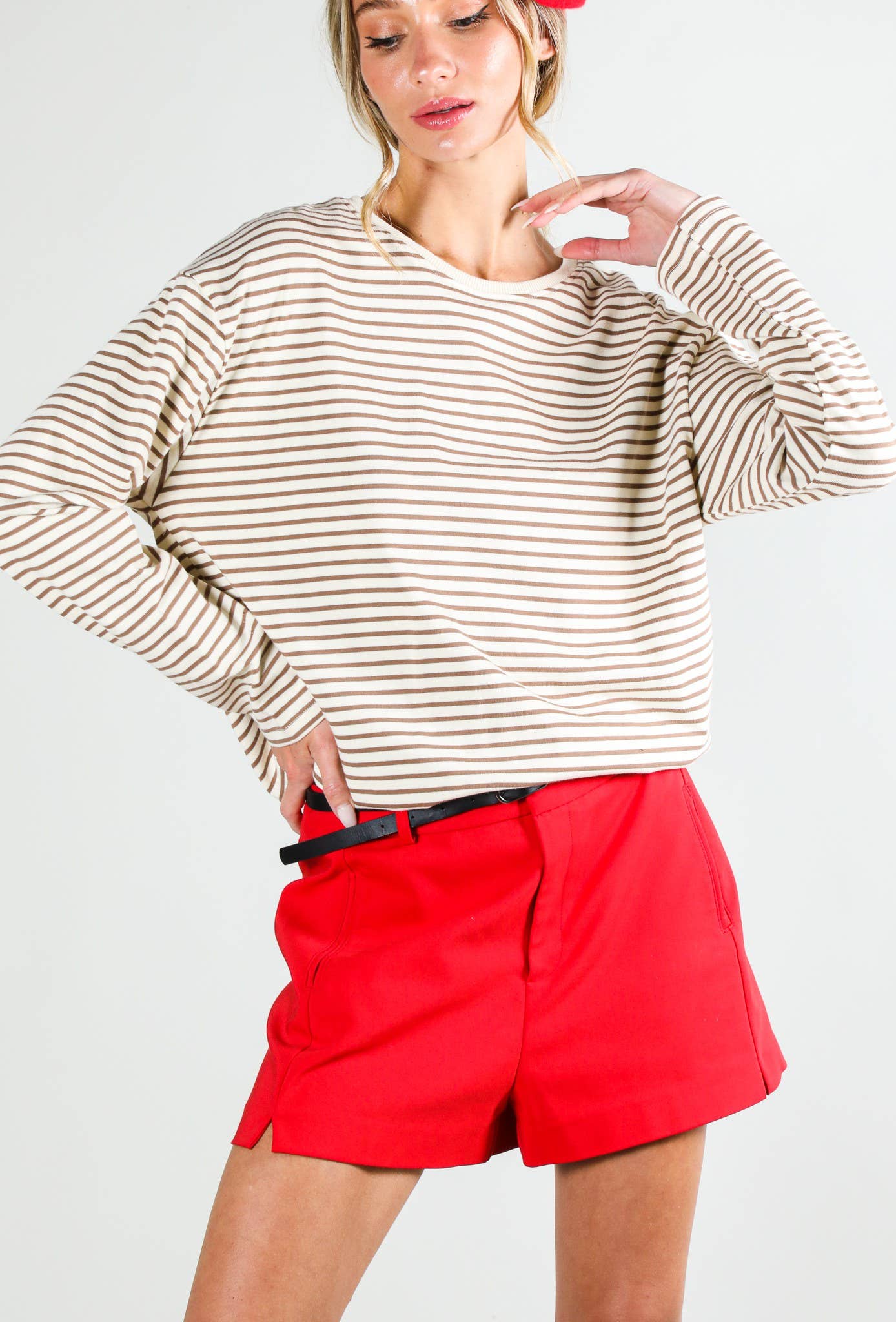 Round Neck Long Sleeve 100% Cotton Stripe Knit Top