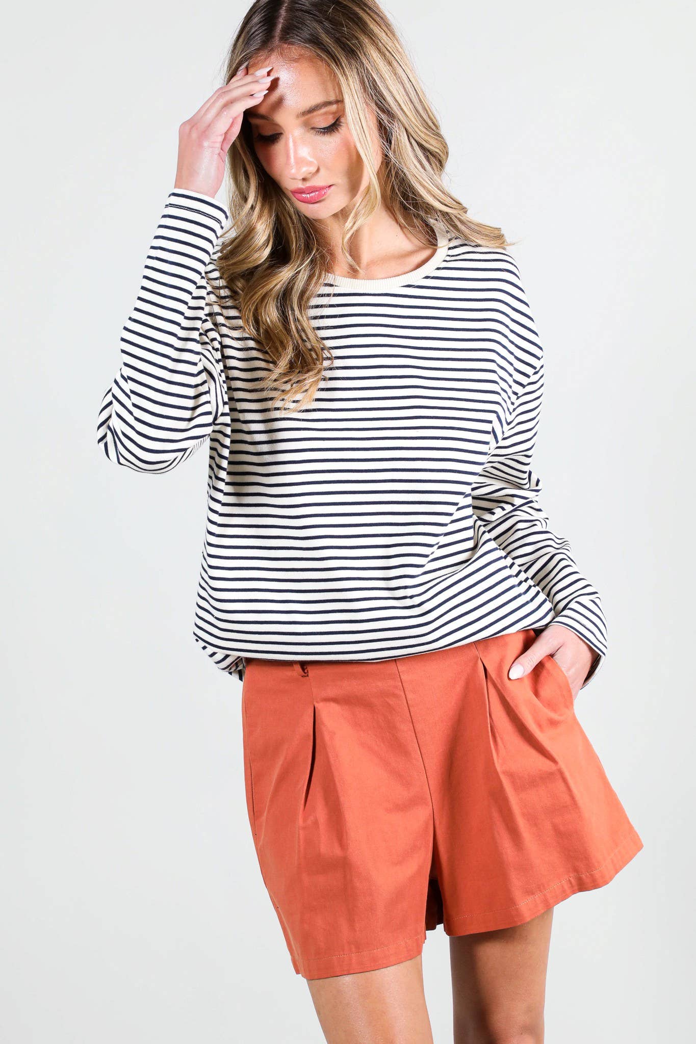 Round Neck Long Sleeve 100% Cotton Stripe Knit Top