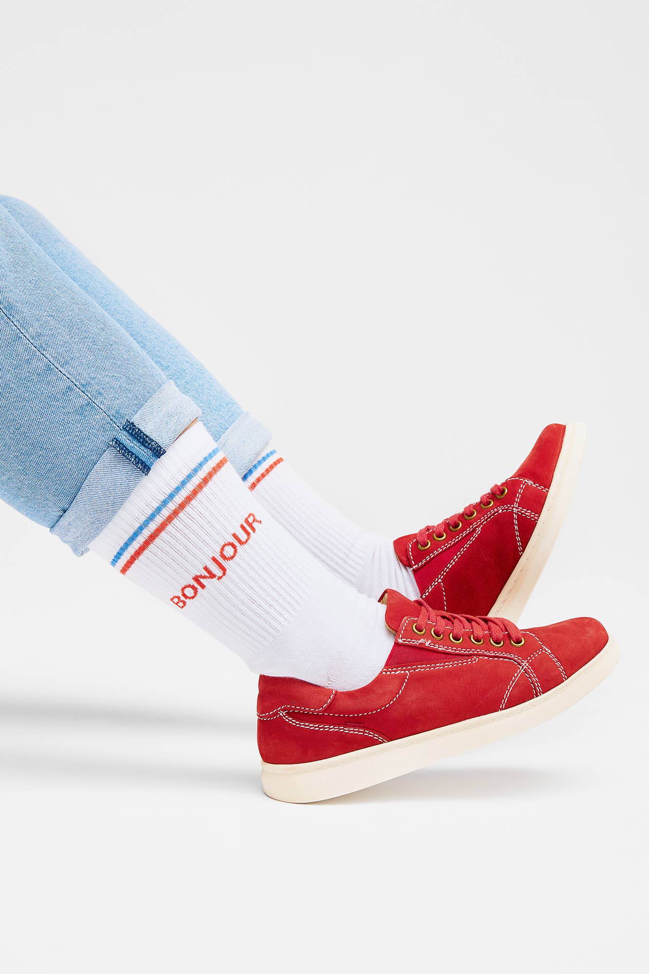Bonjour Socks - White Crew Socks with Stripes and Text