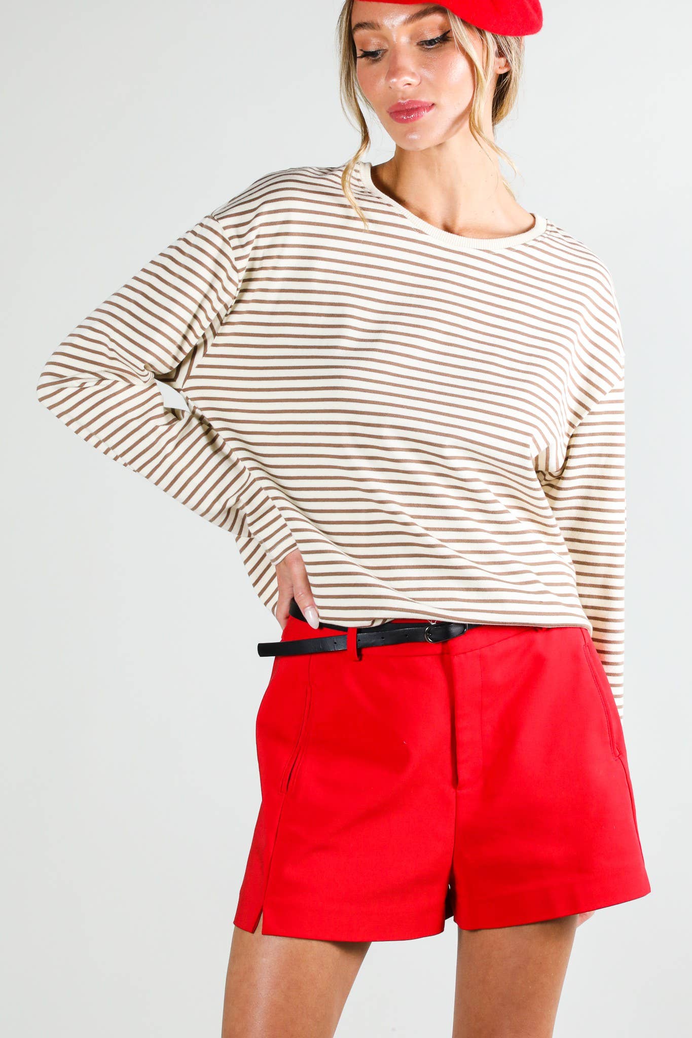 Round Neck Long Sleeve 100% Cotton Stripe Knit Top