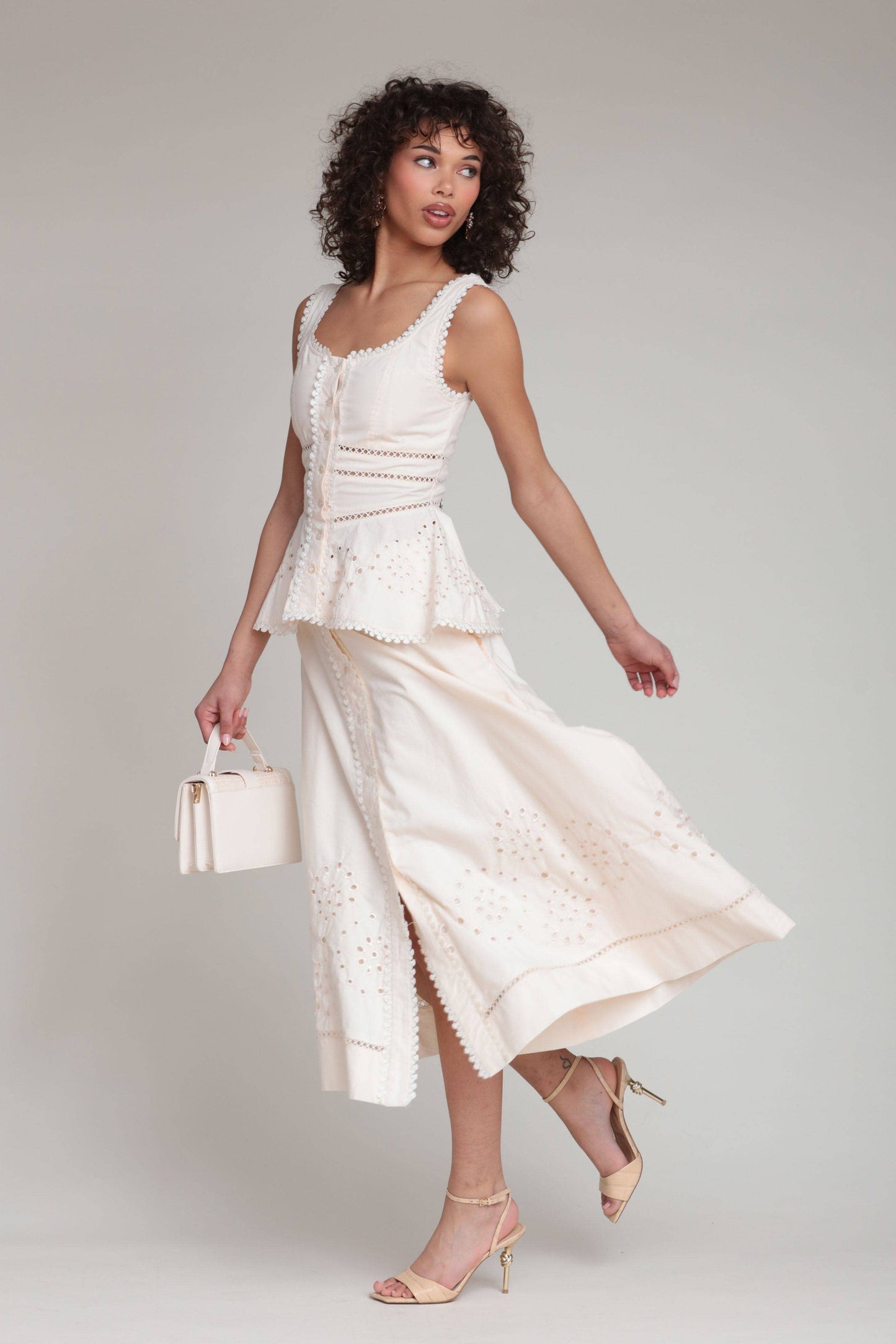 Cotton Embroidered Button Front Midi Skirt