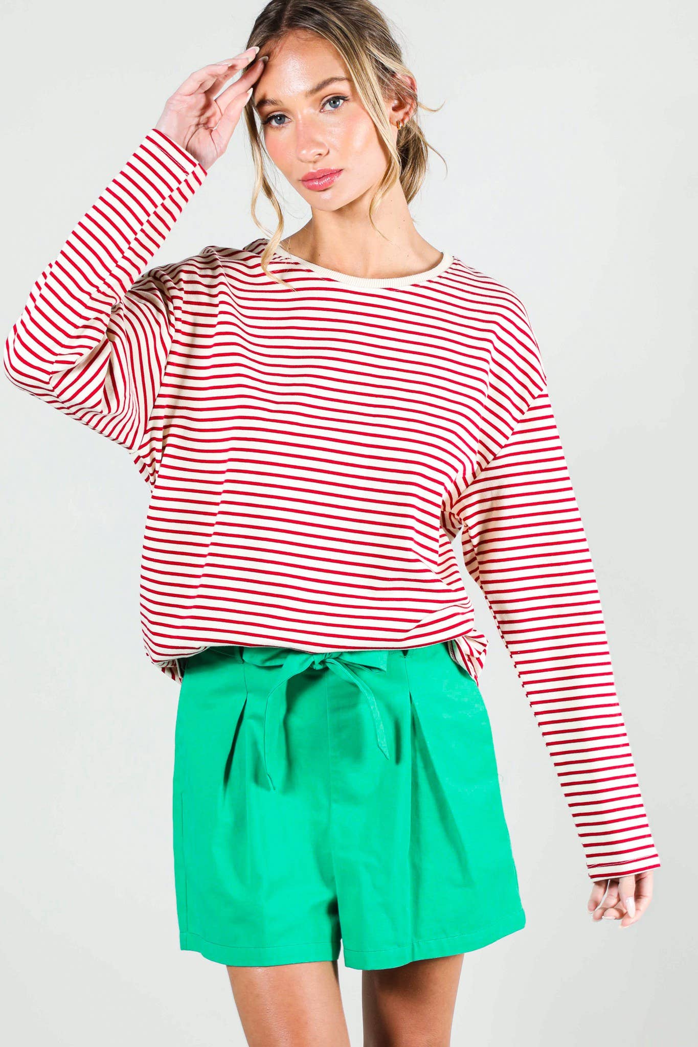 Round Neck Long Sleeve 100% Cotton Stripe Knit Top