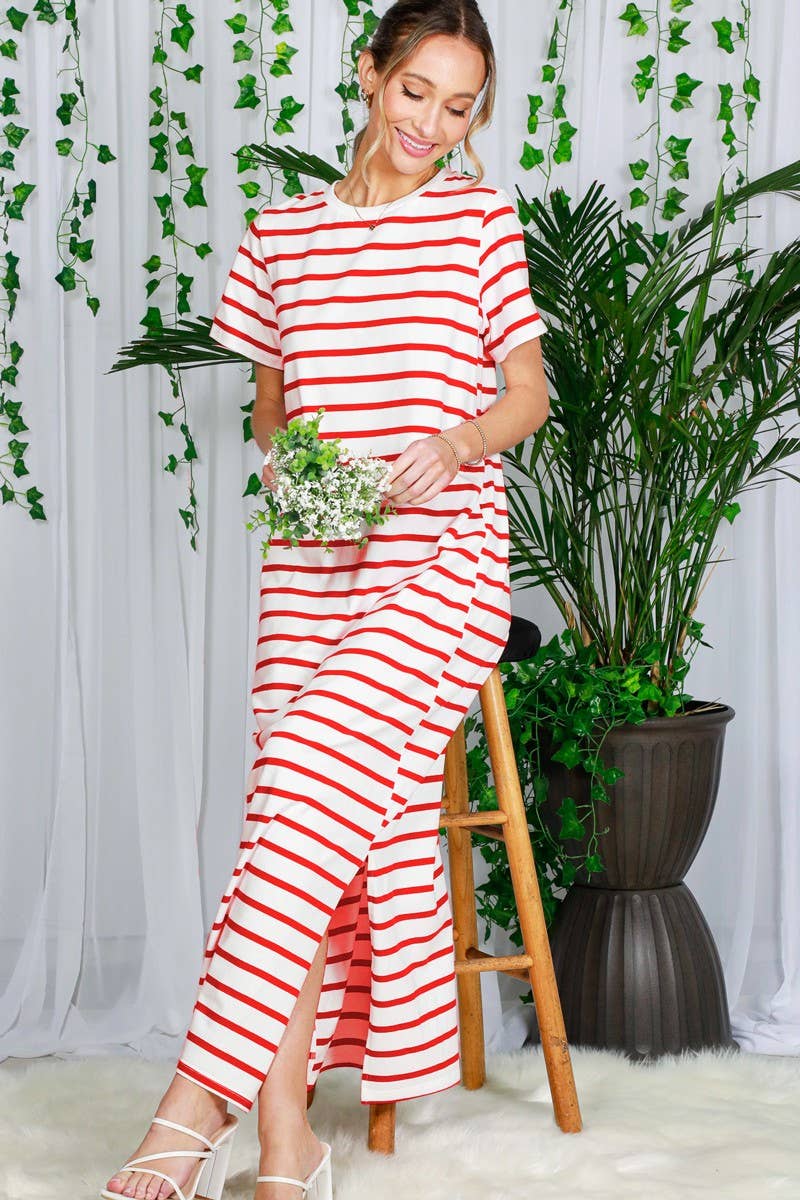 Crew Neck Striped Cotton T-Shirt Maxi Dress