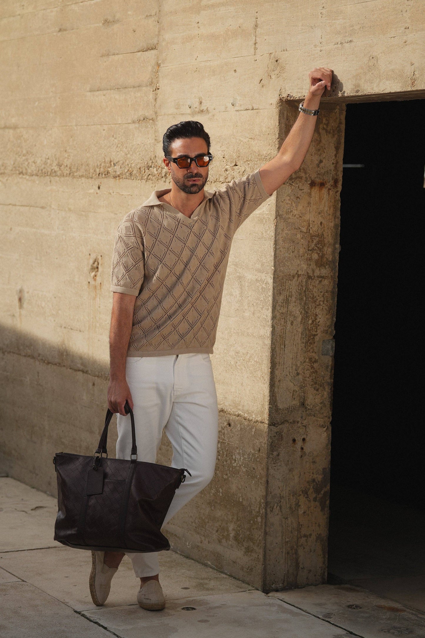 POLO GEOMETRIC DESIGN OPEN-COLLAR TAUPE SHIRT