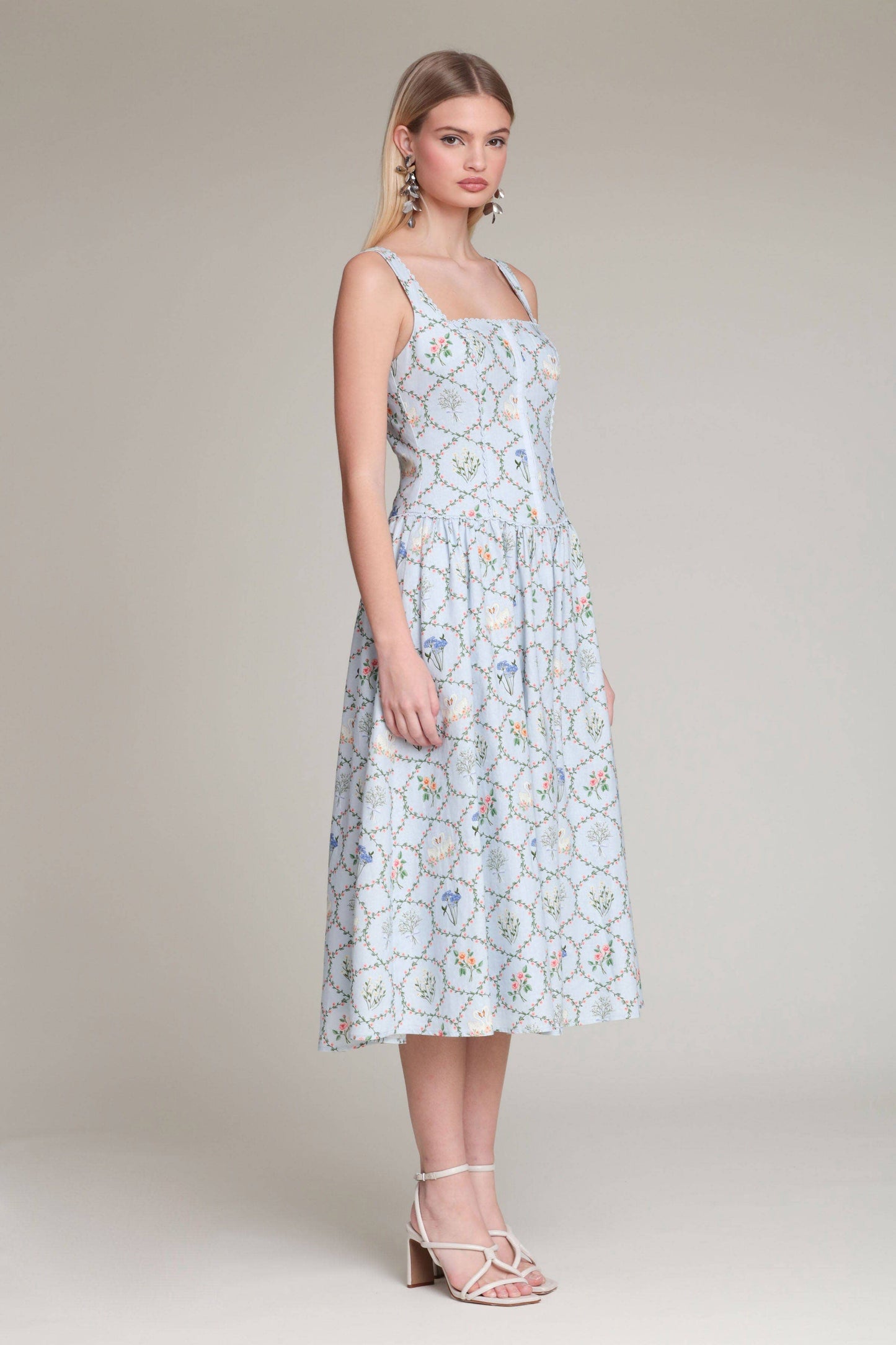 Floral Lattice Linen Blend Midi Dress