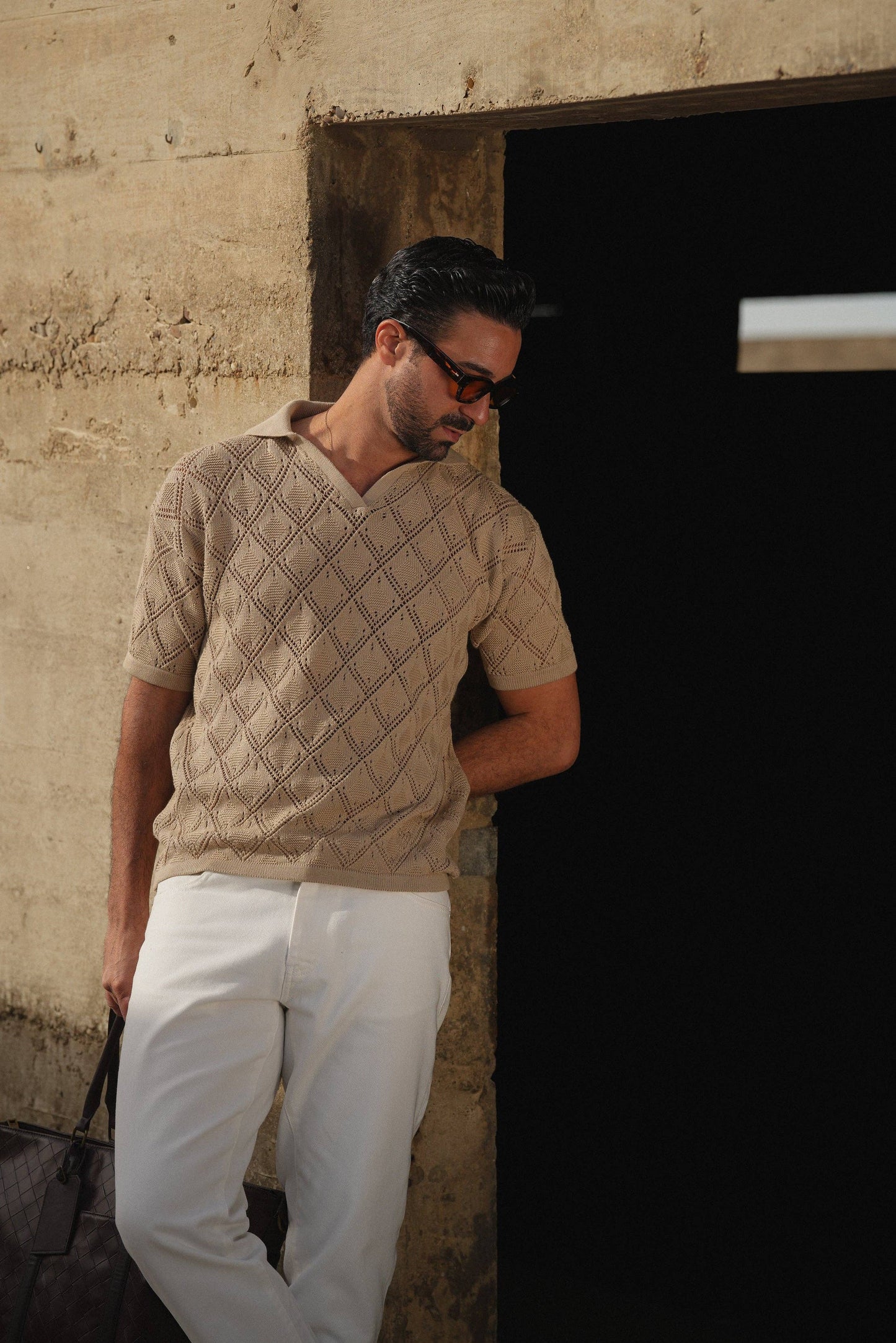 POLO GEOMETRIC DESIGN OPEN-COLLAR TAUPE SHIRT