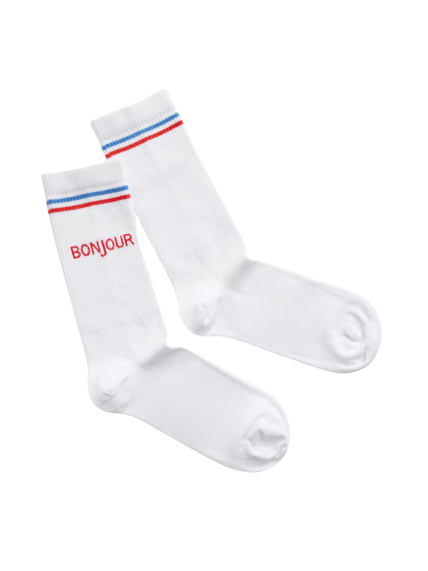 Bonjour Socks - White Crew Socks with Stripes and Text