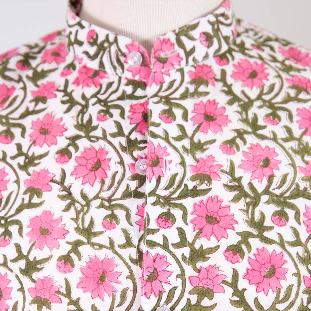 Men's Mandarin-Collar Button Down Shirt in Floral Print