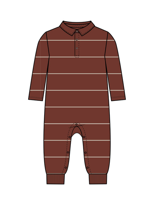 Fritz Long Sleeve Collared Romper - Hunter Stripe / Garnet