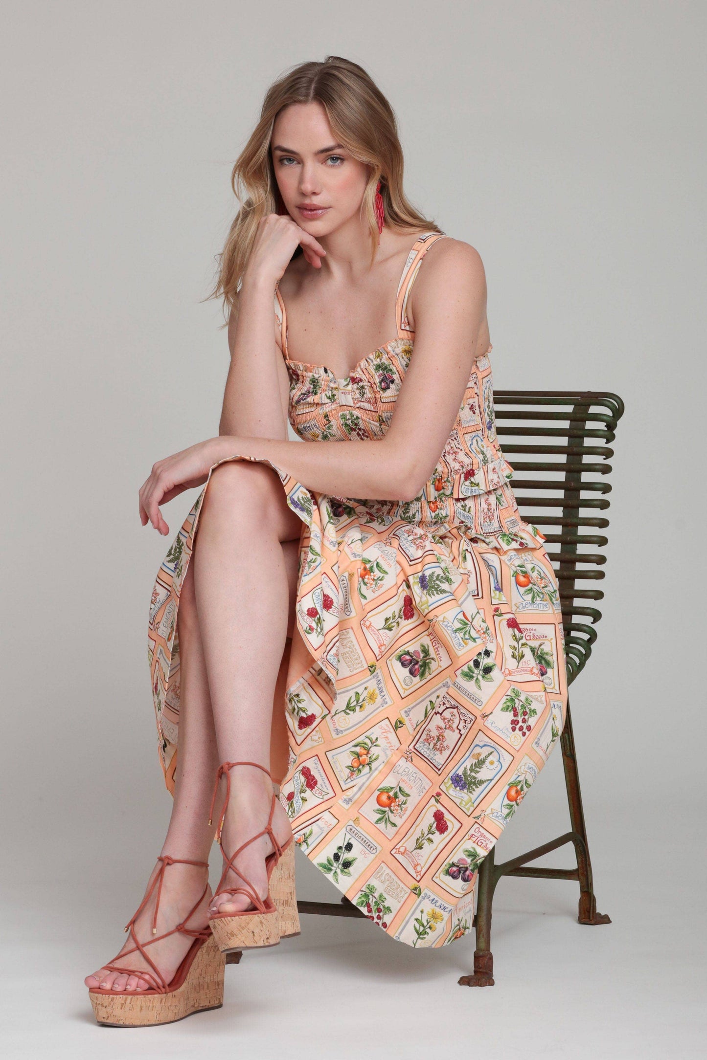 Cotton Fruit Floral Smocked Midi Dress