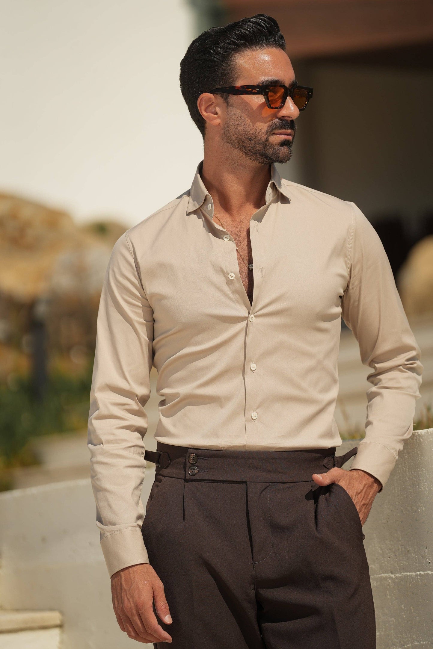 BEIGE SLIM FIT STRETCH SHIRT