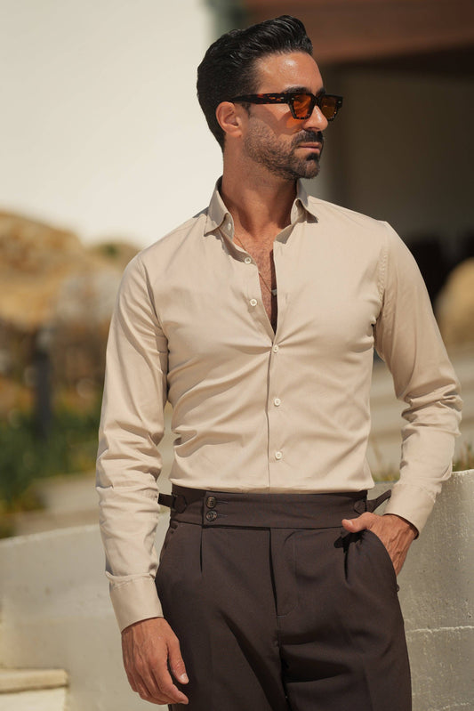 BEIGE SLIM FIT STRETCH SHIRT